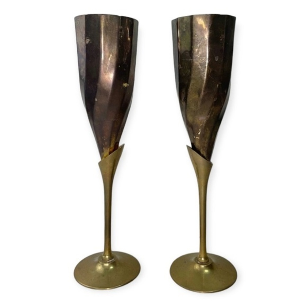 Vintage Cups Brass Flutes Mid Century Twisted Metal Goblets Set of 2 Fantasy Bar
